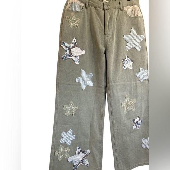 POL Olive Green Wide-Leg Pants with Beautiful Embroidery and Patchwork - Picture 3 of 8